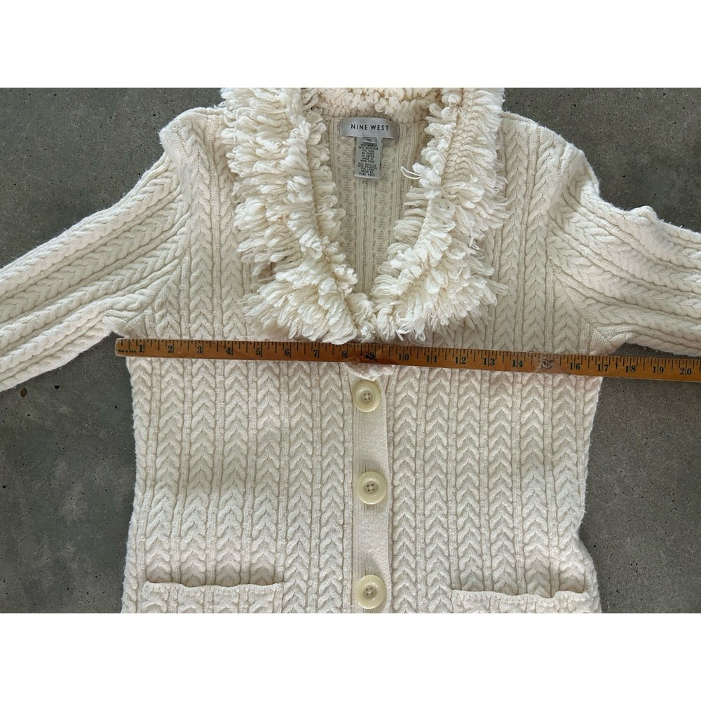Nine West Y2K Cableknit Cardigan Duster Women XL Button Fringe Pocket Penny Lane - Picture 8 of 9
